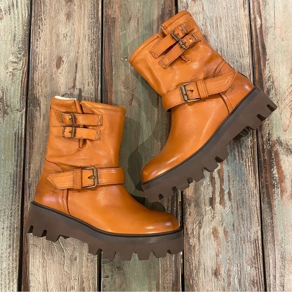Ross & Snow Lucky Waterproof Cognac Leather Moto Ankle Boots Womens Size 6 Brown